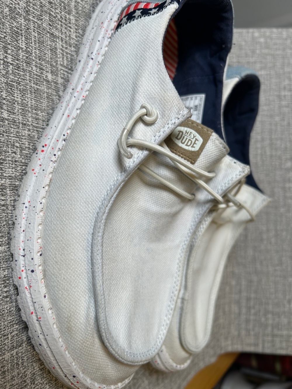 Hey Dude White Canvas Slip-On Boat Shoes with Stars & Stripes Heel size 8 womens - Picture 14 of 15